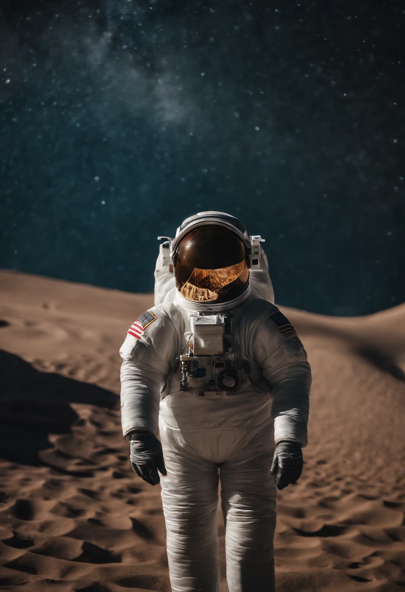 A Yeti astronaut floating in space in the distant center holding a beer, 1/4 of earth in the background