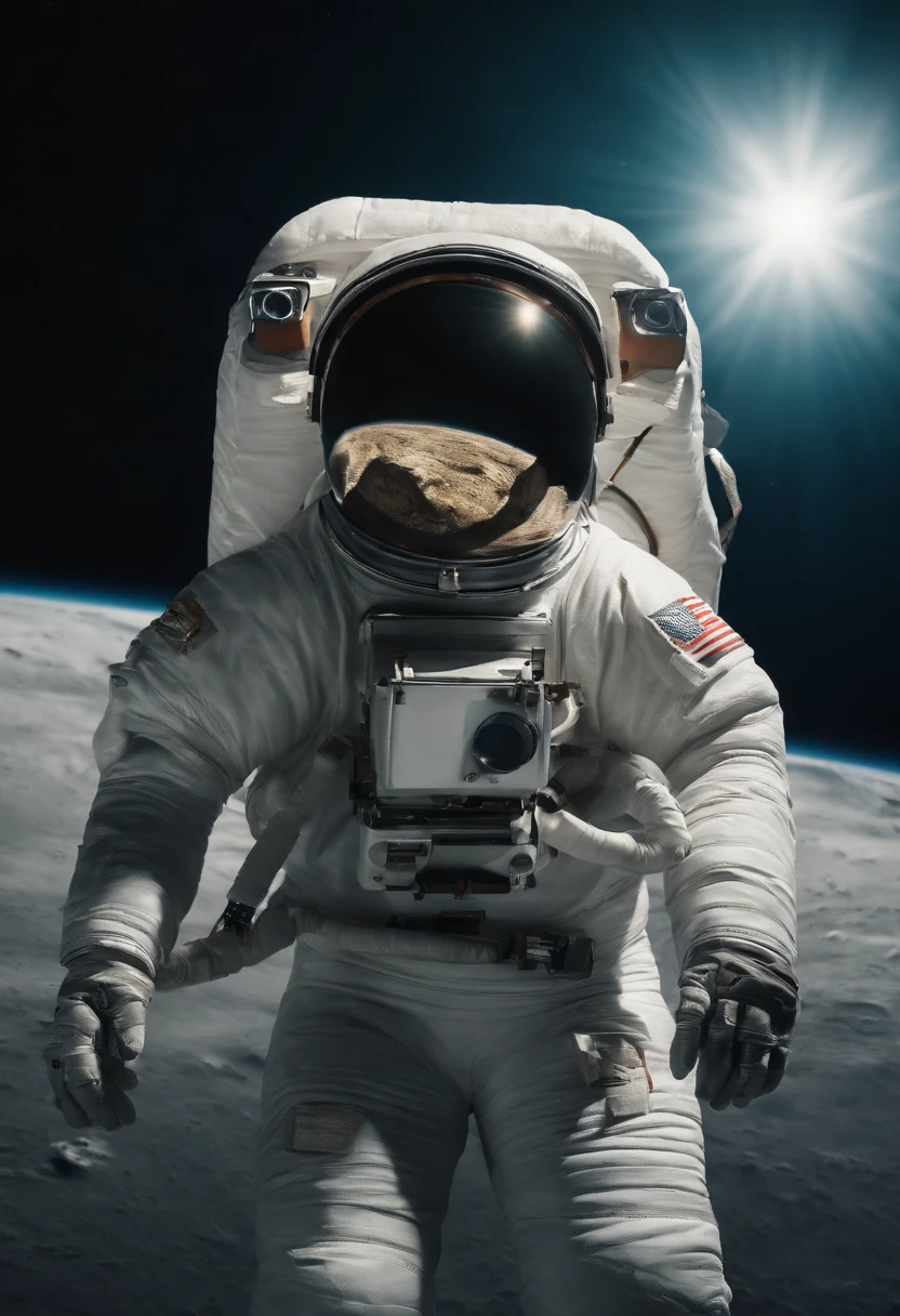A Yeti astronaut floating in space in the distant center holding a beer, 1/4 of earth in the background