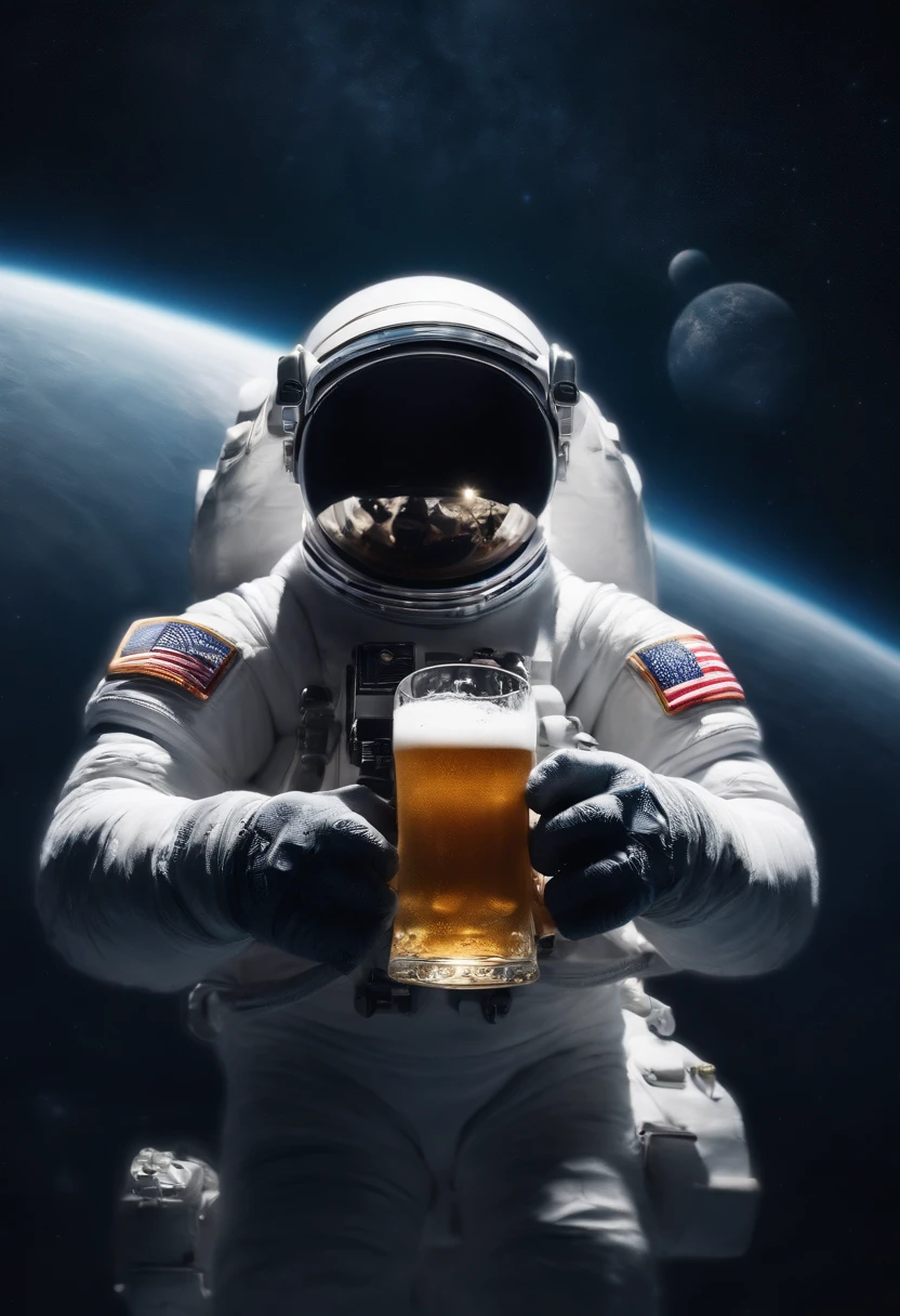 A Yeti astronaut floating in space in the distant center holding a beer, 1/4 of earth in the background