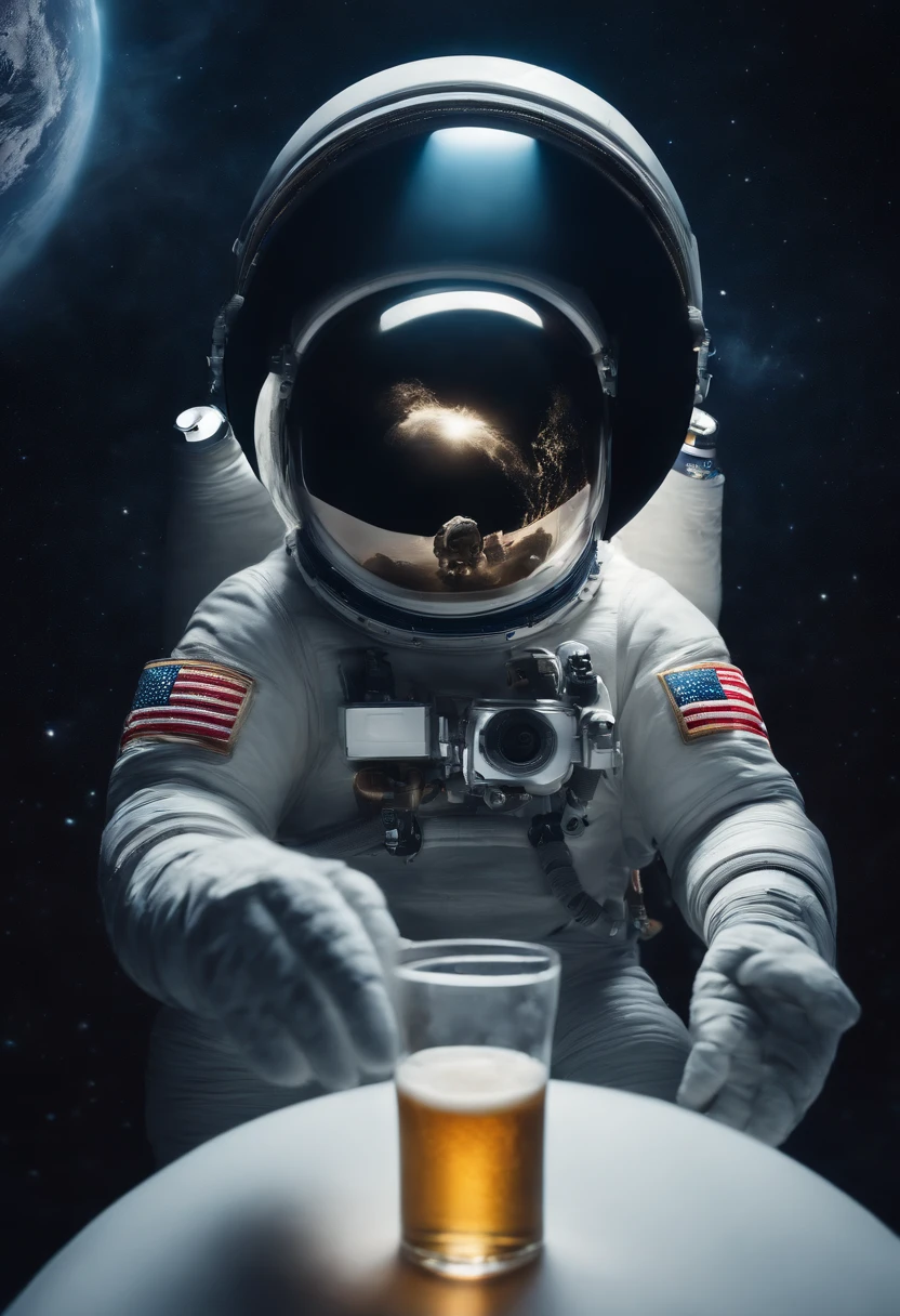 A Yeti astronaut floating in space in the distant center holding a beer, 1/4 of earth in the background