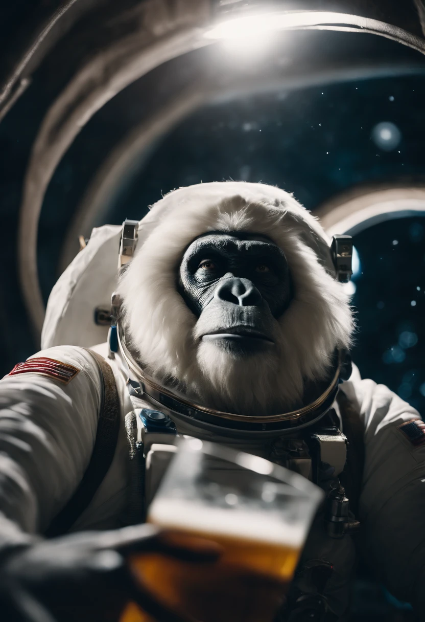 A Yeti astronaut floating in space in the distant center holding a beer, 1/4 of earth in the background