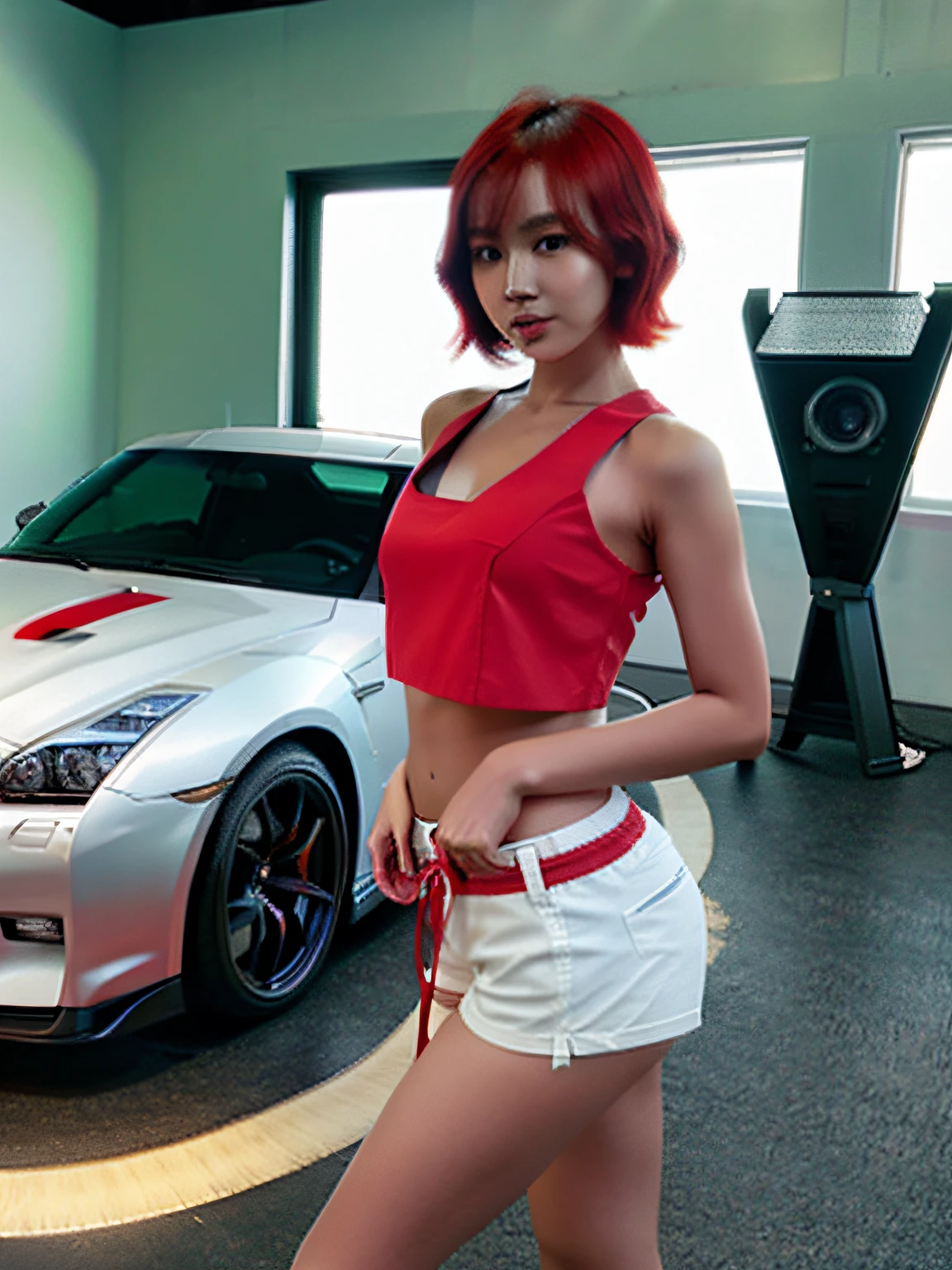 cute Asian woman with red short hair she is wearing shorts and a crop top and standing by a Nissan GT-R, realistic, high detail, studio light,