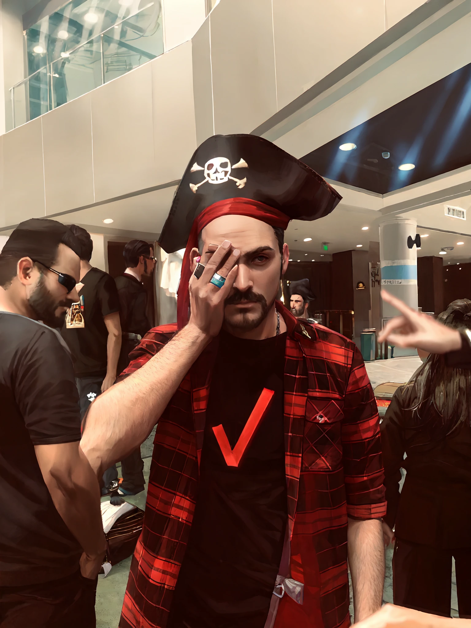 there is a man in a pirate hat talking on a cell phone, sea of thieves style, pirate themed, drdisrespect posing as napoleon, a pirate, pirate, very very low quality picture, pirate captain, dressed as a scavenger, caleb from critical role, neosvr!!!, inspired by Volkan Baga, taken with sony alpha 9, kane from command & conquer