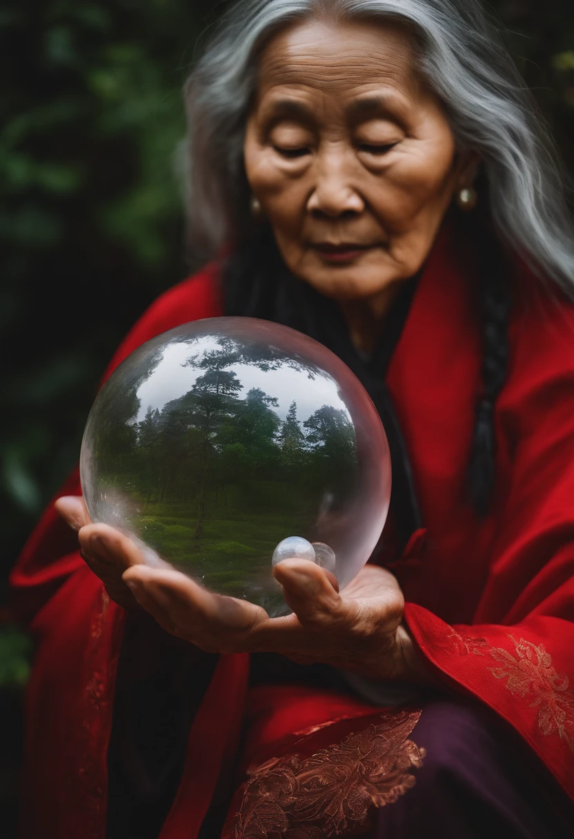 Elderly psychic with crystal ball and crystal ball,jpn,Asians、Close-up portrait of an elderly woman,Holding a glowing ball in your hand,Long grey hair,Dressed in a red jacket、Cross-legged meditation、Ignite the magical aura around you,Taoist masters,Taoist、Rising fortune