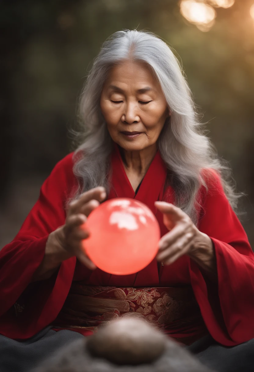 Elderly psychic with crystal ball and crystal ball,jpn,Asians、Close-up portrait of an elderly woman,Holding a glowing ball in your hand,Long grey hair,Dressed in a red jacket、Cross-legged meditation、Ignite the magical aura around you,Taoist masters,Taoist、Rising fortune