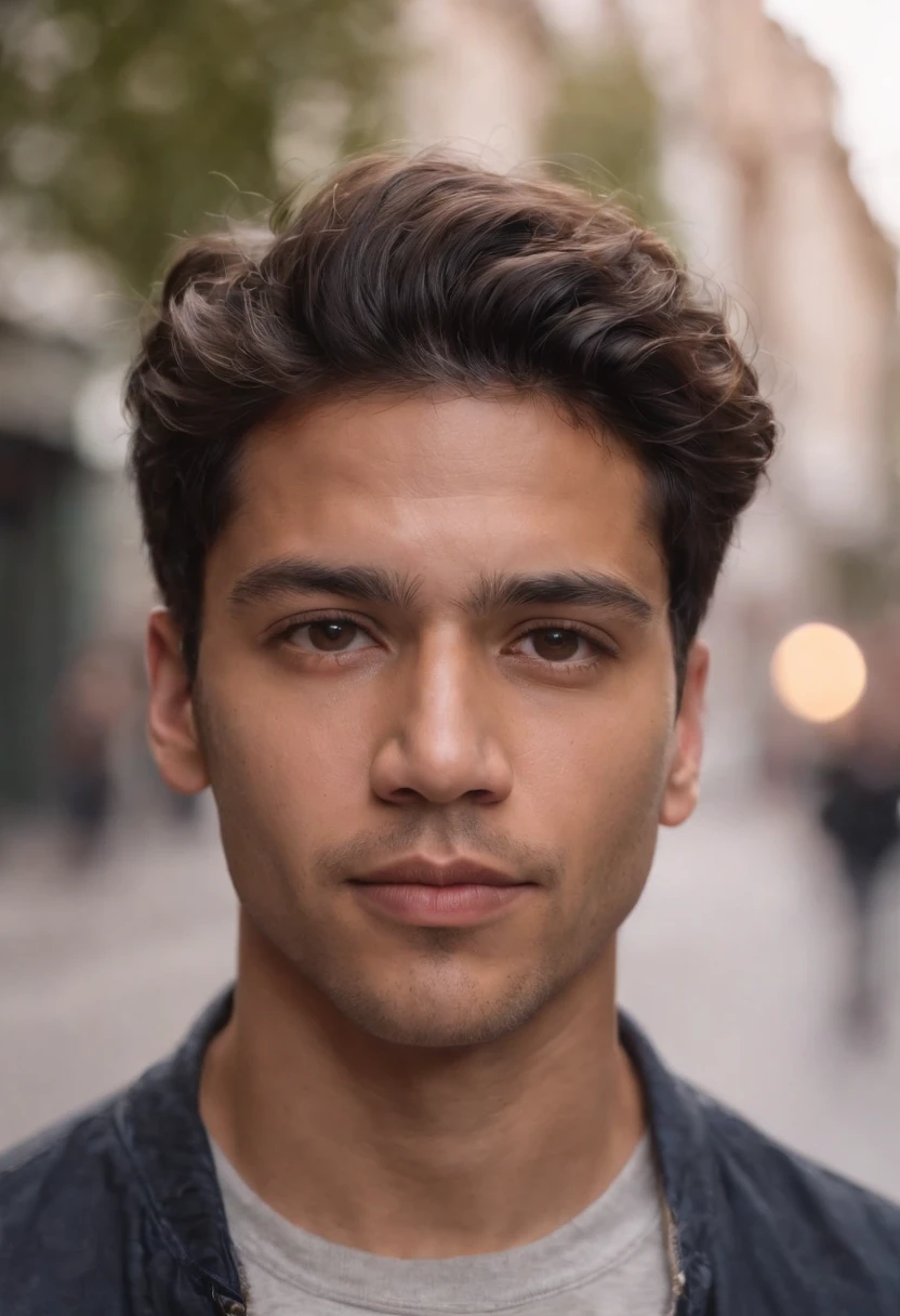 a mixed-race man, mid hair, standing in street, fundo desfocado, bonito, fotorrealista