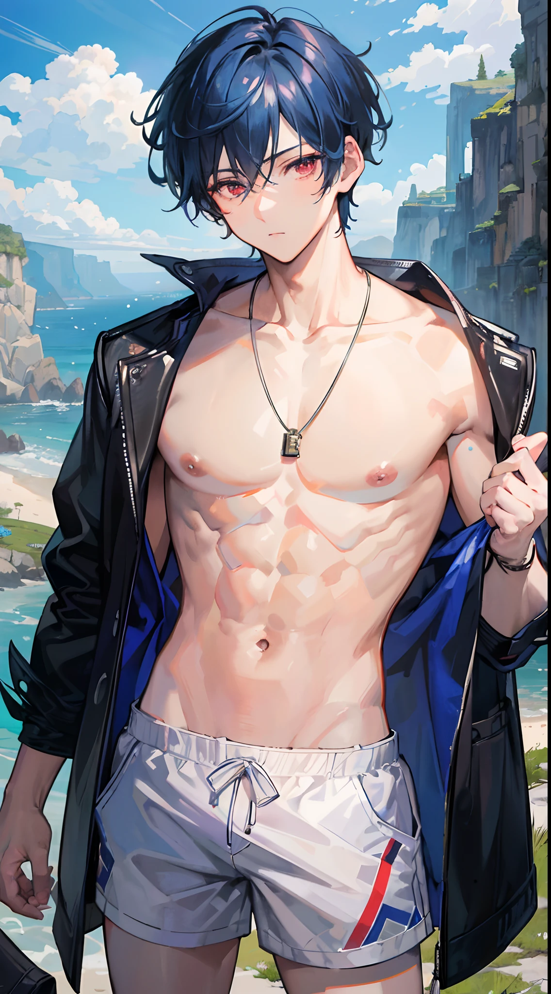 Absurdres masterpiece HDR high quality picture of Handsome boy , handsome face, detailed face, bluish hair , very Short hair, ((messy cut hair style:1 )) , red eyes , light skin , ((muscular:1)),masculine ,age 18 , 

Wearing a summer shorts , topless , a letter K pendant, beautiful background, masterpiece scenery