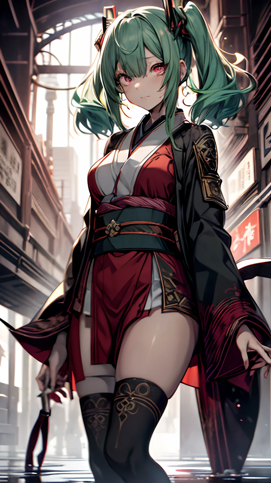 dead body、Blood everywhere、blood splashing、dark hue、Red hue、Japanese dress、Kimono Dresses、long、miku hatsune、Green hair、Twin-tailed、?????? ( Silly / ?????? ???????)、Cross-eyed、Stranger、View other people、Blunt bangs、 over-kneehighs,?????? , Silly,?????? ???????,Drunken eyes,Blunt bangs, Green hair,(masutepiece:1.2, Best Quality), (finely detailed beautiful eye: 1.2), (Detailed background,Dark Fantasy), (beautifull detailed face), High contrast, (Best Illumination, extremely delicate and beautiful), ((Cinematic Light)), Colorful, Hyper Detail, Dramatic light, Intricate details,