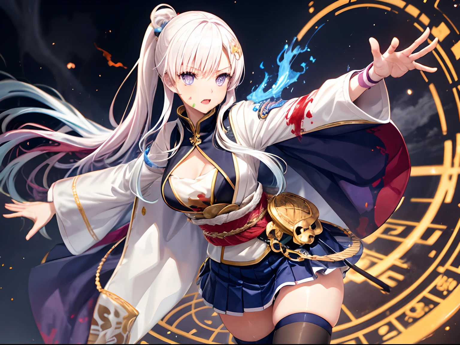 1girl, japanese clothes, ponytail ,white hair, purple eyes, magic circle, blue fire, blue flames, wallpaper, landscape, blood, blood splatter, depth of field, night, light particles, light rays, sidelighting, thighs, fate \(series), open jacket, skirt, thighhighs, cloud