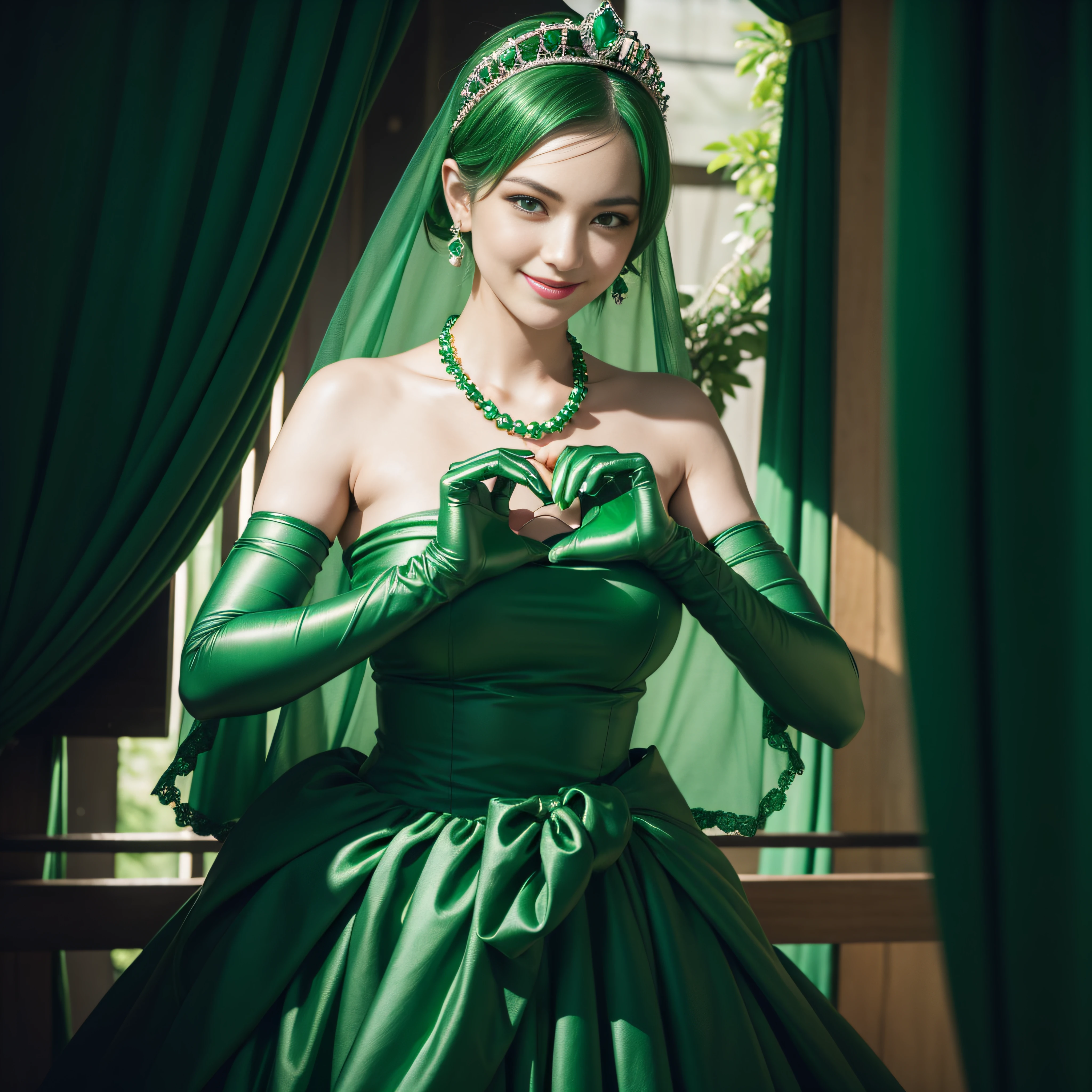 emerald tiara, Green Pearl Necklace, Boyish very short green hair, lipsticks, Japan woman smiling, very short short hair, big breasts beautiful, Green eyes, Long green gloves made of satin material, Green eyes, Emerald Earrings, green vale, Heart with both hands