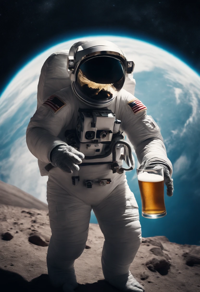 A Yeti astronaut floating in space in the distant center holding a beer, 1/4 of earth in the background