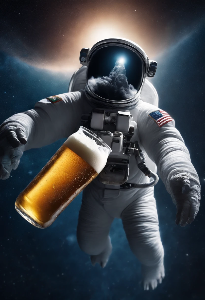 A Yeti astronaut floating in space in the distant center holding a beer, 1/4 of earth in the background
