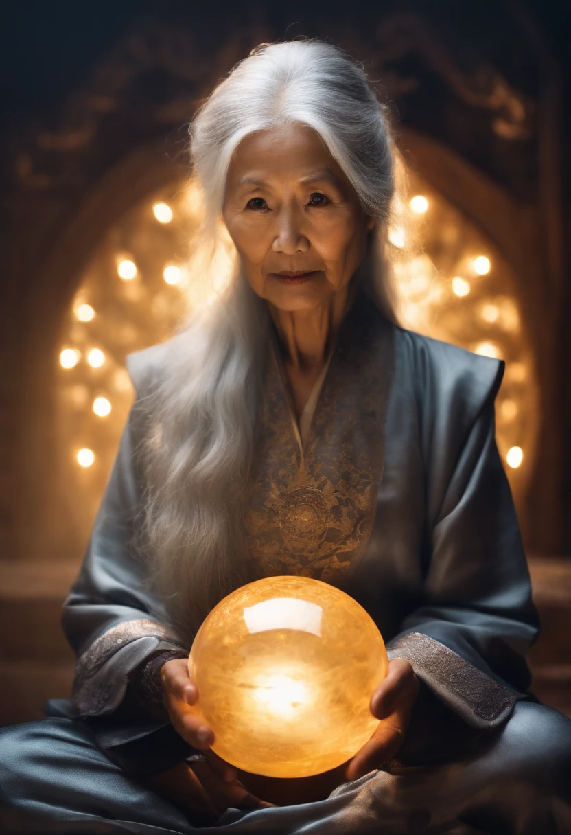Elderly psychic with crystal ball and crystal ball,jpn,Asians、Close-up portrait of an elderly woman，Holding a glowing ball in your hand,Long grey hair，Wearing a golden jacket、Cross-legged meditation、Ignite the magical aura around you，Taoist masters,Taoist、Rising fortune