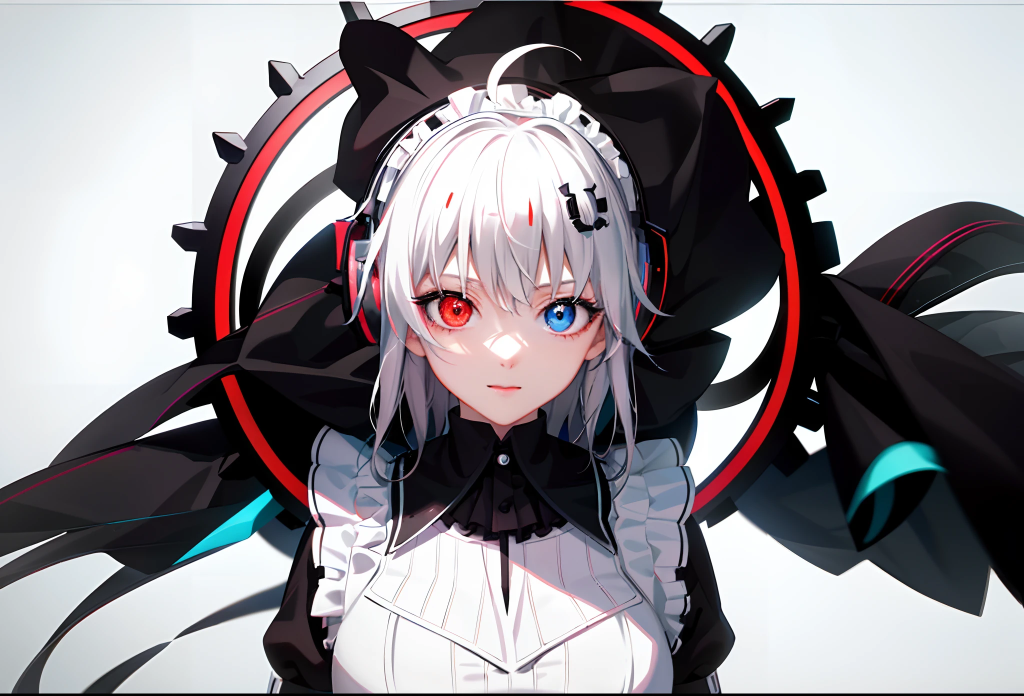 (Happy eyes: 1.8) (The left eye is blue: 1.5)(The right eye is red: 1.5) (Looking forward: 1.5) Anime character in black and white costume and headphones, anime girls in maid costumes, Cool 3D Anime Girl Rendering, anime girls in maid costumes, maid clothes, gorgeous maid, white haired god, Blue and Red Odd-Eye