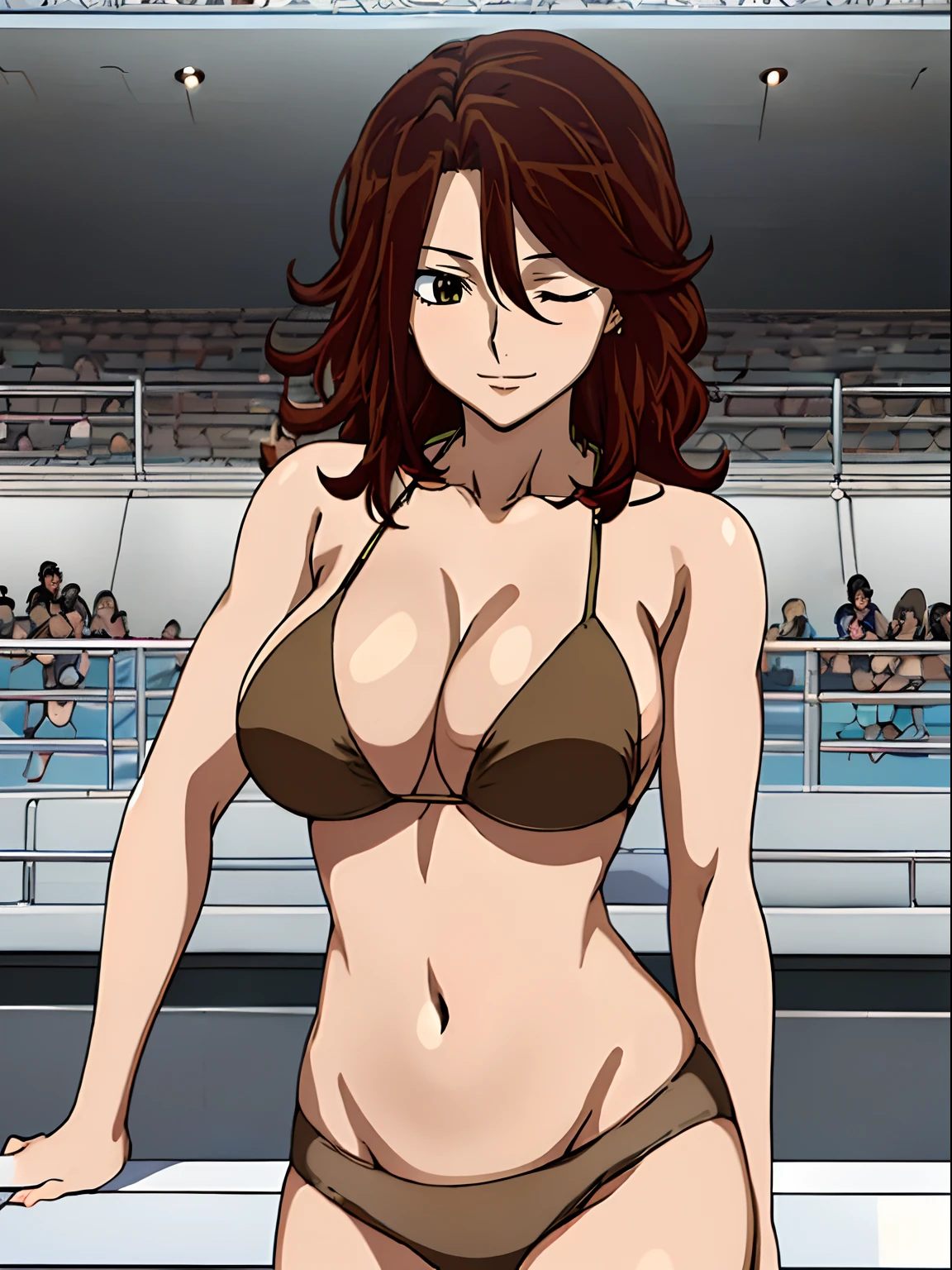 Elegant lady, anime style: 1.8, anime drawing, ultra detailed face, ultra detailed body, 4k, Sumergai Lee Noriega, ((sleeping on wrestling arena, ), closed eyes), best quality, anime style, hires, highest definition, digital blending, bold drawing lines, (only WHITE background), ( slim body, (little biceps), , off-shoulders, closed fists, (curvy: 2.8)), ((broken bikini, (chaps))), gentle, (pale skin, shiny skin, very big breasts, smile), (big eyes, brown eyes), (brown hair, loose hair), 27 years old,