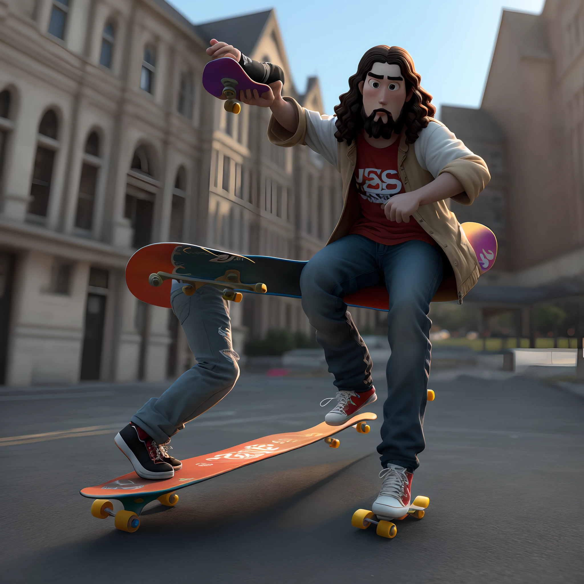 A Pixar-Style 3D, Jesus Christ riding a skateboard