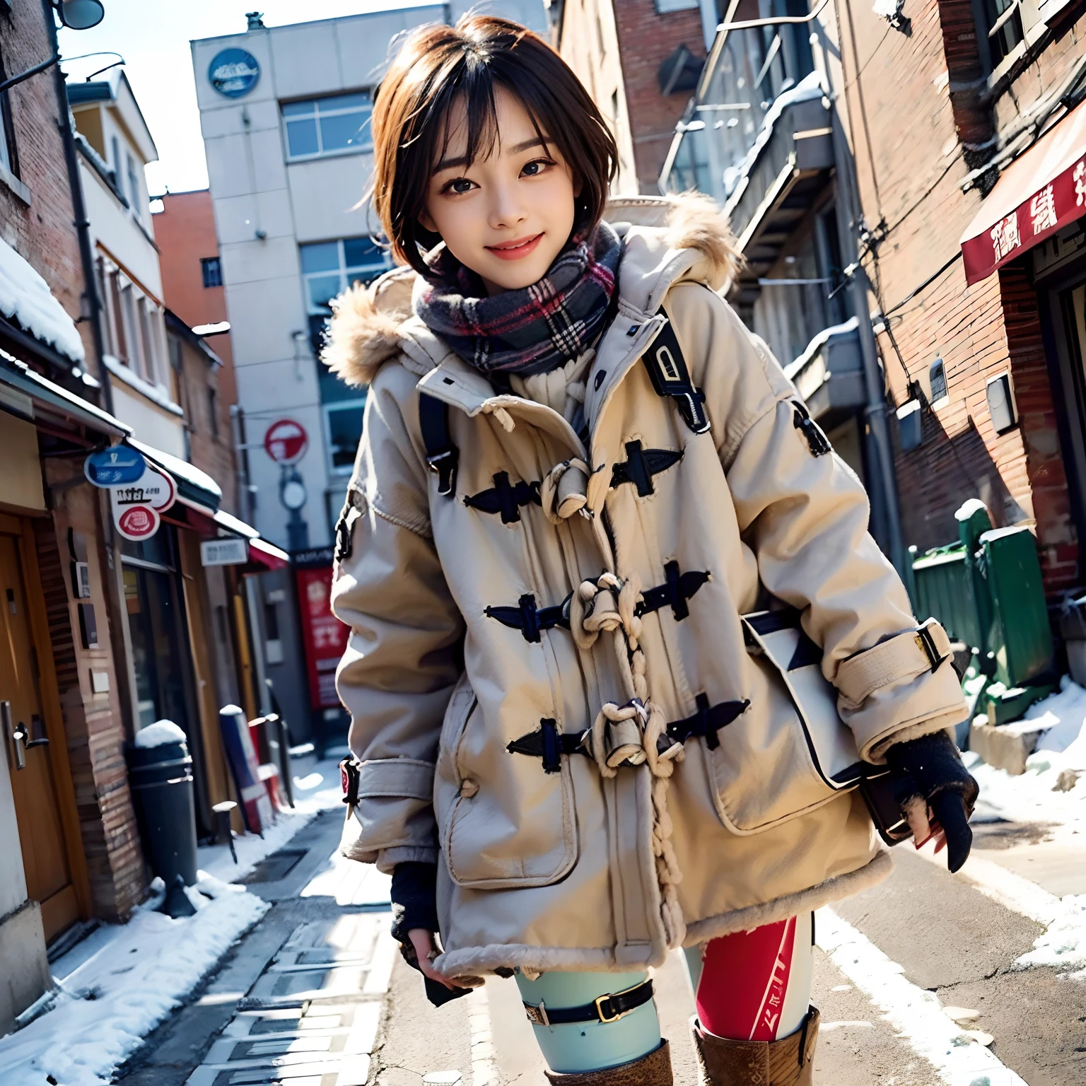 masterpiece, 1 beautiful girls, detaileds, top-quality, 超A high resolution, (Realistis: 1.4), OriginalPhotographs, 电影灯光, A smile, Asian Beauty, very extremely beautiful, Slightly younger face, Beautiful skins, slender, (A hyper-realistic), (hight resolution), (8K), (ighly detailed), (The best illustrations), (beautifully detailed eyes), (ultra-detailliert), (wall-paper), (详细的脸), fine detailed, A detailed face、pureerosfaceace_v1、46-point diagonal bangs、(beautidful eyes:1.5)(Photorealsitic:1.5)、deep-shadows、With a sweet look、(Okappa:1.5) Super Detail, Textured skin, tre anatomically correct、(Snowy city:1.5)、(Wear a beige duffle coat:1.5)、(A red muffler is wound:1.5)、(Wearing long black boots:1.5)(In the whole body diagram:1.5)(With smiling eyes:1.5)