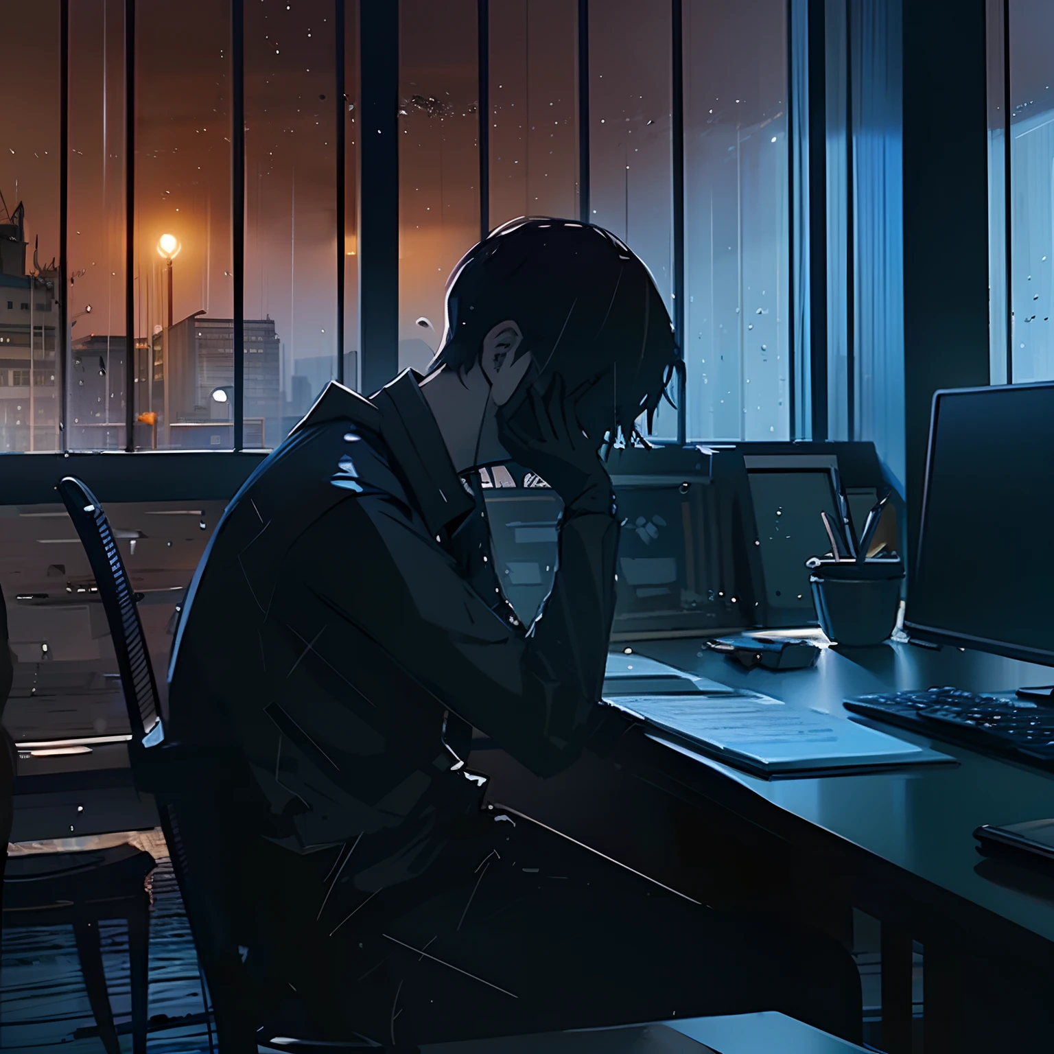 Dark indoor,Man Without a Face,Sitting in front of a computer,artistic,Rain outside the window,1 persons