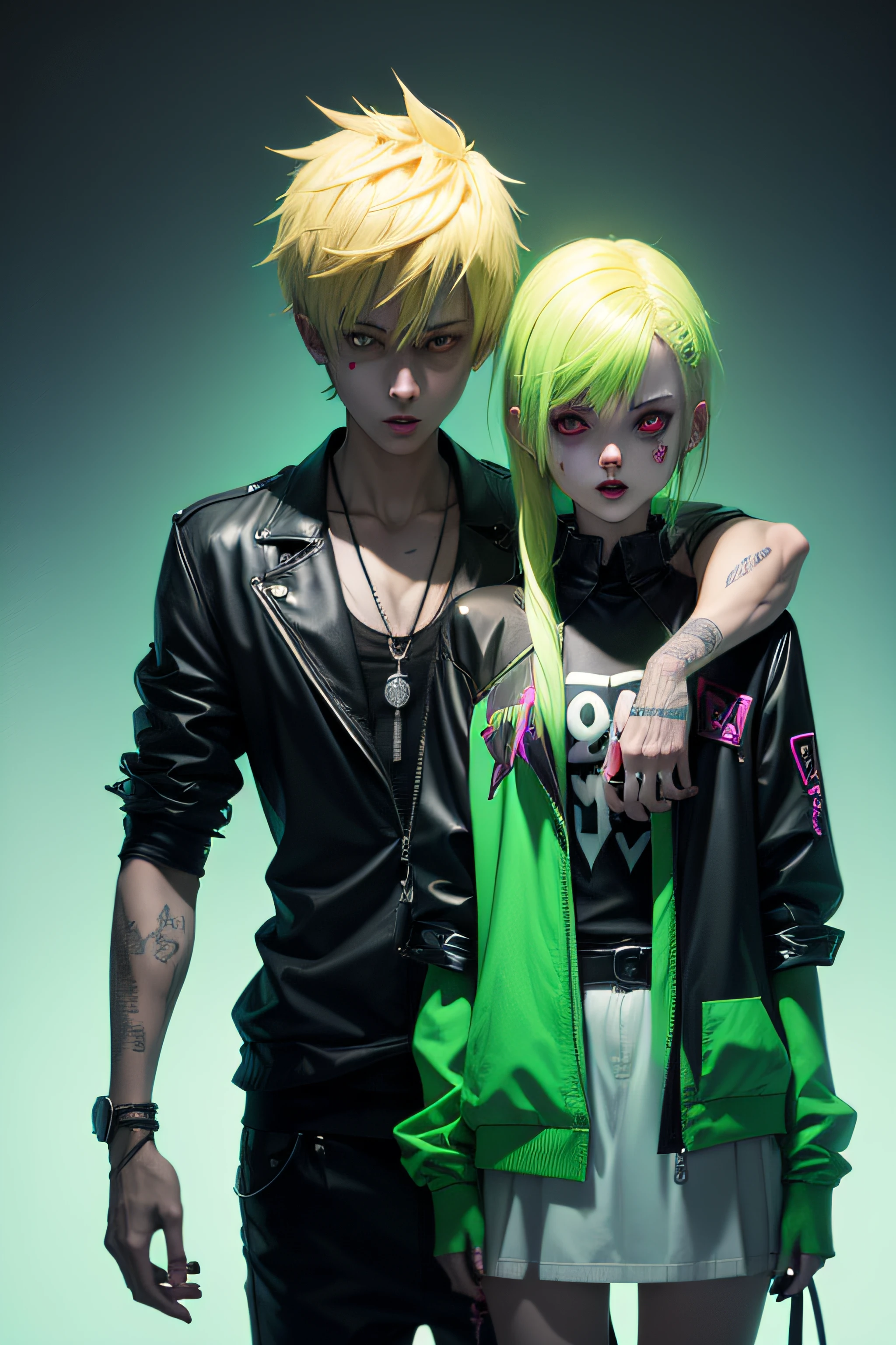 anime phonk horror cover blond man who looks like Justin Bieber with a vampire girl, everything in neon green colors and much blood