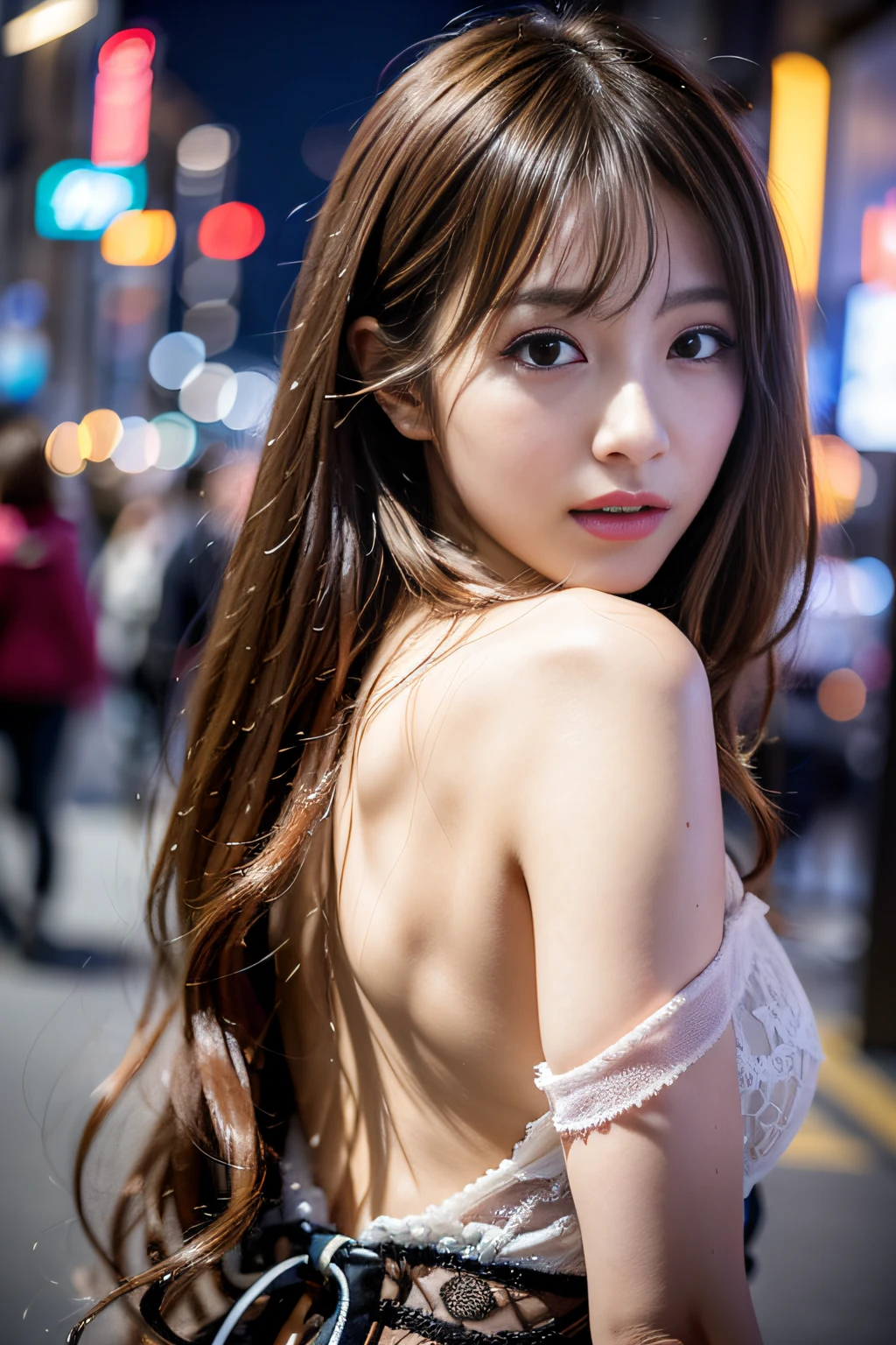 ​masterpiece、1 beautiful girl、A detailed eye、Puffy eyes、top-quality, 超A high resolution, (Realisticity: 1.4), japanes、Asian Beauty、Korea person、Super beauty、Beautiful skin、A slender、The body is facing forward、(A hyper-realistic)、(hight resolution)、(8K)、(ighly detailed)、(beautifully detailed eyes)、(ultra-detailliert)、 (wall-paper)、A detailed face、Bright lighting、profetional lighting、looking at viewert、Facing straight ahead、Black knitwear、46-point diagonal bangs、nighttime scene、Brown hair、乃木坂アイドル、韓国アイドル、hposing Gravure Idol、女優、25-years old、tall,