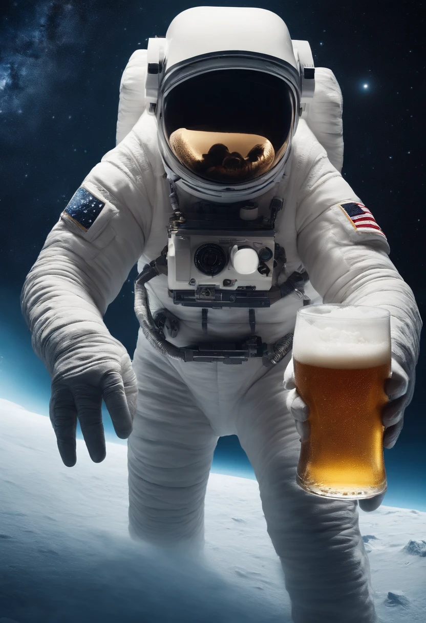 A snow Yeti in an astronaut suit floating in space in the distant center holding a beer, 1/4 of earth in the background