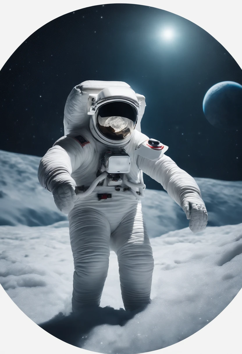 A snow Yeti in an astronaut suit floating in space in the distant center holding a beer, 1/4 of earth in the background