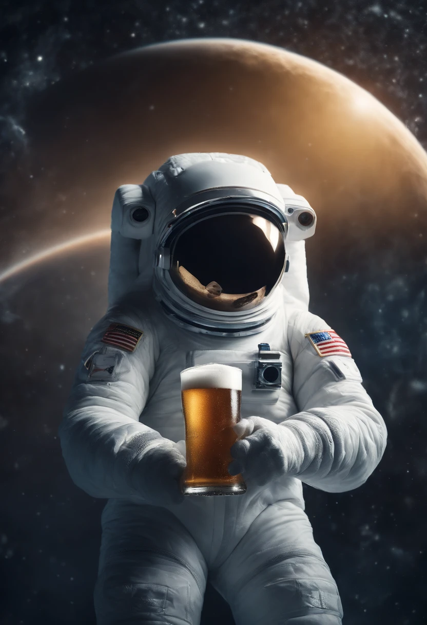 A snow Yeti in an astronaut suit floating in space in the distant center holding a beer, 1/4 of earth in the background