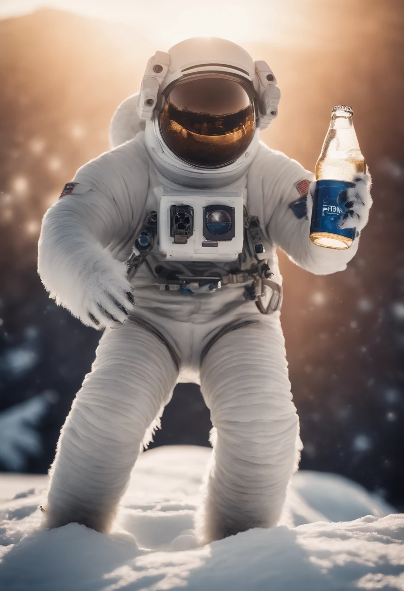 A snow Yeti in an astronaut suit floating in space in the distant center holding a beer, 1/4 of earth in the background