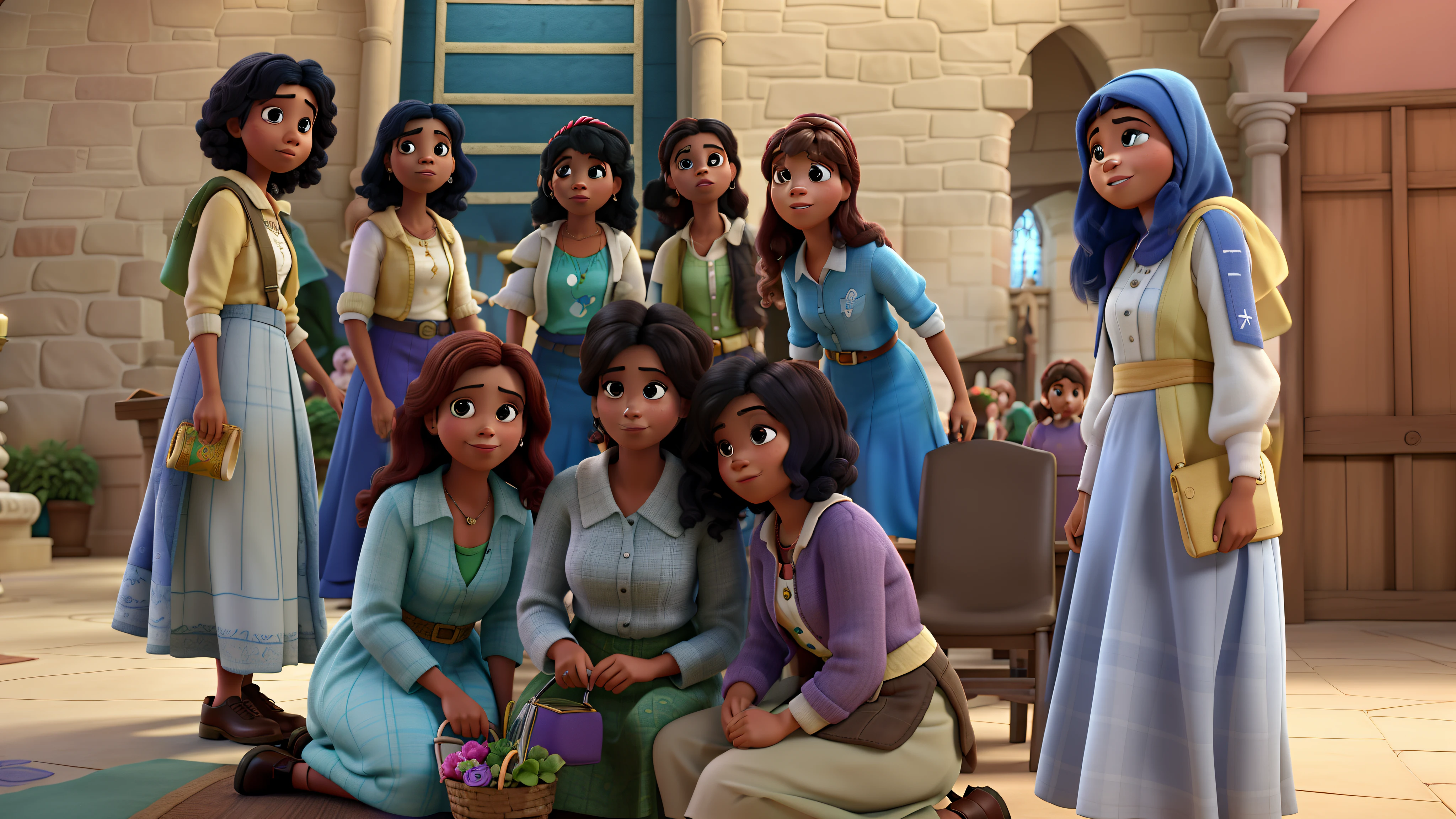 Banner de filme Disney pixar , of a group of women in a church with written text obpc garden Indaiá