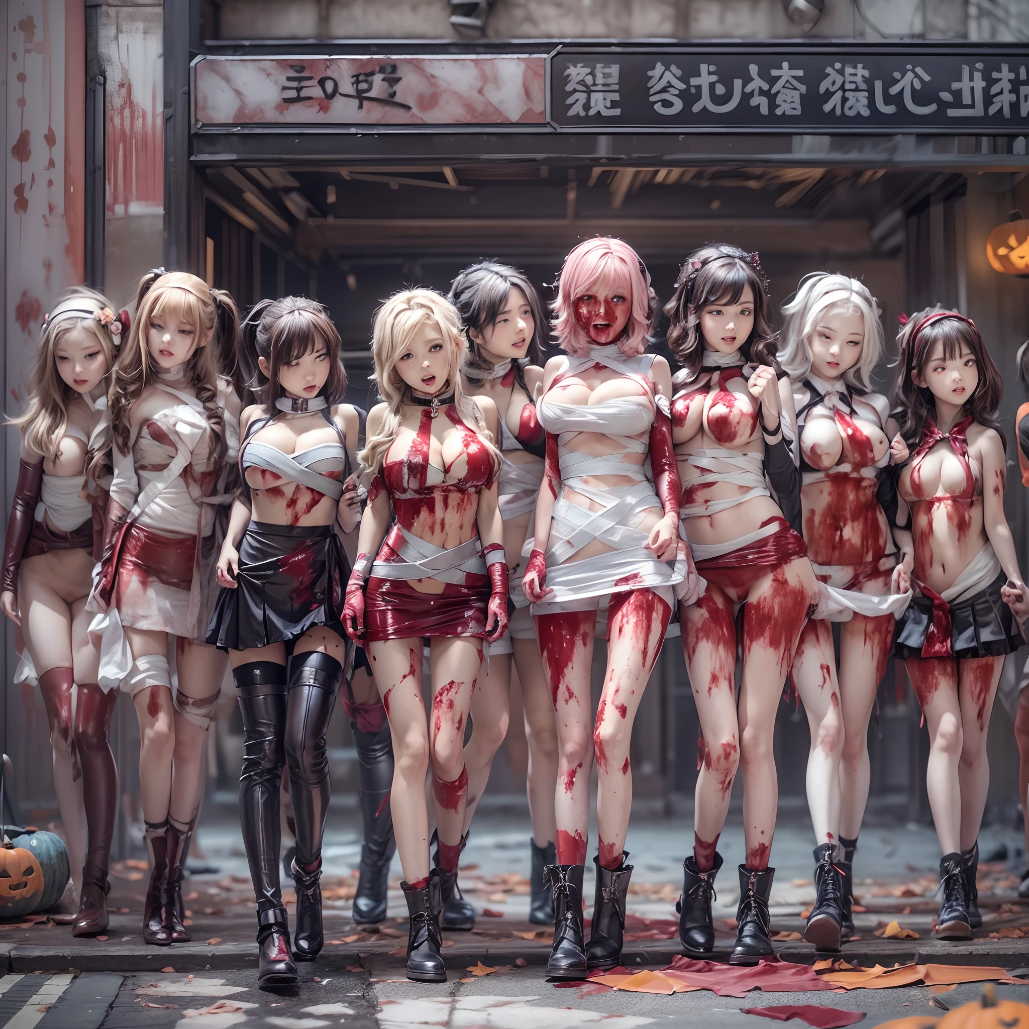 (((SFW, NSFW STILL SHOW, 12 Tiny Girls in a row:1.2, Shibuya Hachiko-mae scramble crossing on Halloween:1.2))), ((masterpiece:1.2, best quality, photorealistic:1.37)), {(Standing Full Body:1.2)|(from below:1.2)}, bandaged full body, { (bandaged head)| bandaged limbs | bleeding from pussy }, {((naked bandage))|metallic red nipple stickers}, {(bloody)|blood paste|(Blood-stained bandages)| (bloody inner thighs)}, ((Detailed KAWAII face, Detailed glistening ivory skin)), {Bustling street|Crossroads|(Passerby girls)| halloween| neon}, {(Childish:1.2|Gigantic Cleavage:1.37|Underboob:1.2)}, {Red leather high collar| Hair ornaments |shotgun|random hair colors}, {Floating hair|Strong wind|(((Ass focus)))}, Skirtlift, {(Kissing face to face)|:p|:d|laugh|sparkle|joyful|delighted|Drunk},extremely Detailed,