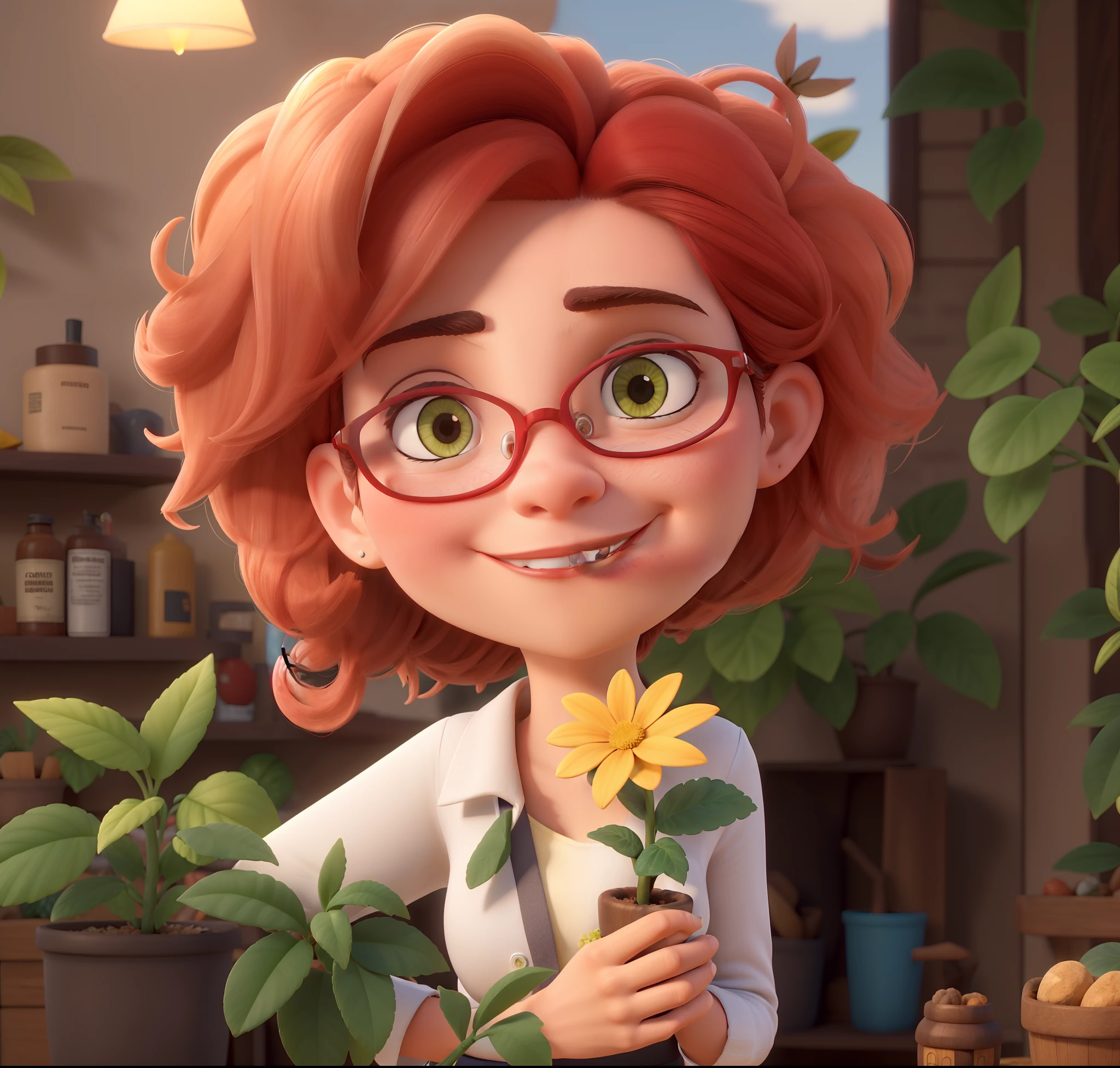 Obra-prima, de melhor qualidade, uma mulher de cabelos cacheados acima dos ombros na cor castanho claro, red rimmed glasses, camisa preta estampada com flores vermelhas e azuis, Holding a plant in hands against a background of medicinal plants
