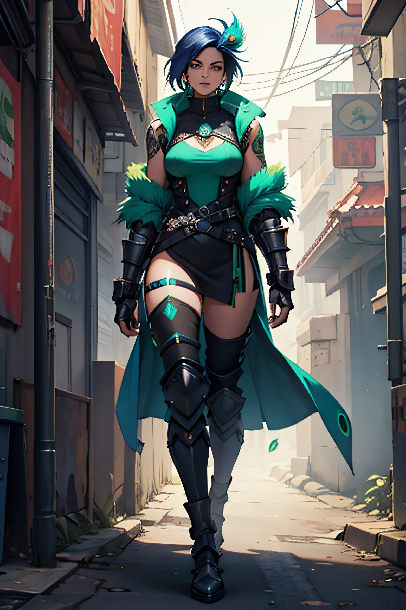 peacock woman with dark blue hair and green peacock feathers in heavy armor covered clothing cyberpunk style night streets