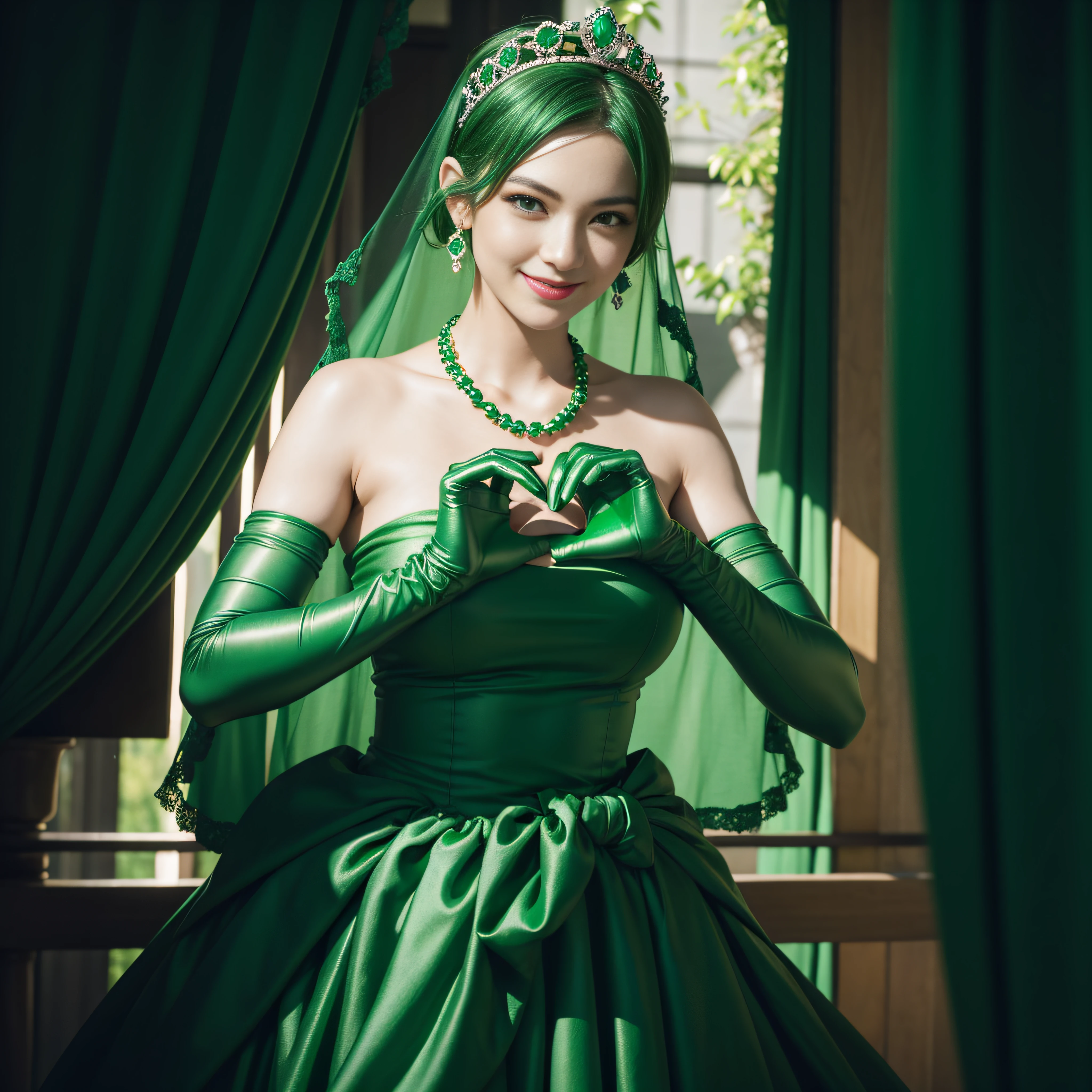 emerald tiara, Green Pearl Necklace, Boyish very short green hair, lipsticks, Japan woman smiling, very short short hair, big breasts beautiful, Green eyes, Long green gloves made of satin material, Green eyes, Emerald Earrings, green vale, Heart with both hands