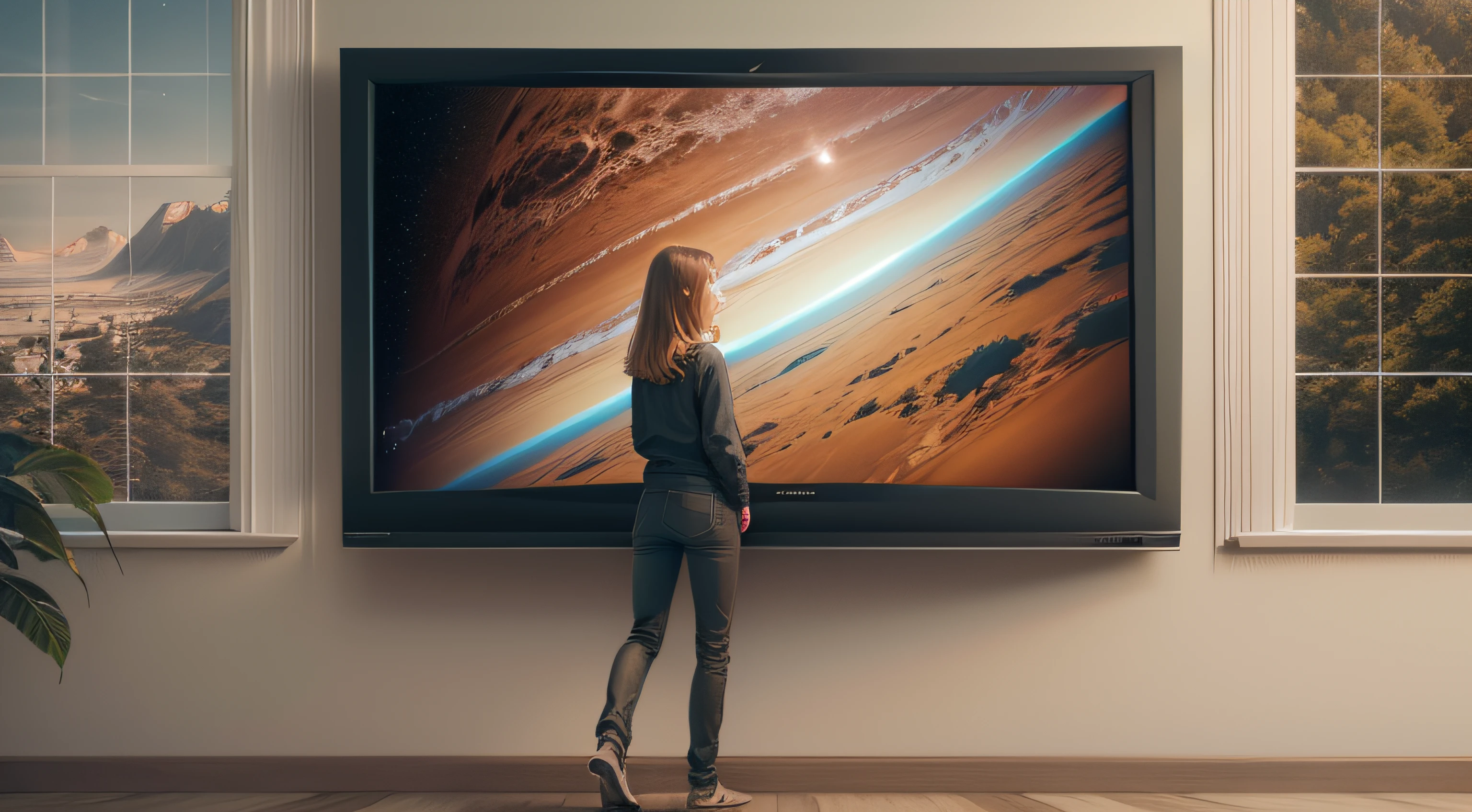 The picture is a 150 inch plasma tv and a woman next to it presenting the tv.  The tv has to appear to be on and the image that the tv reproduces is planet earth seen from space