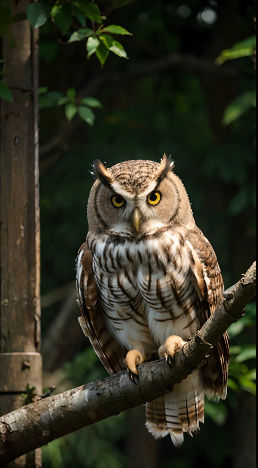 a majestic owl perched on a branch, photorealistic, 8k, hyper detailed, intricate feathers, piercing eyes, natural lighting, serene forest background, dramatic shadows, muted color palette, cinematic composition