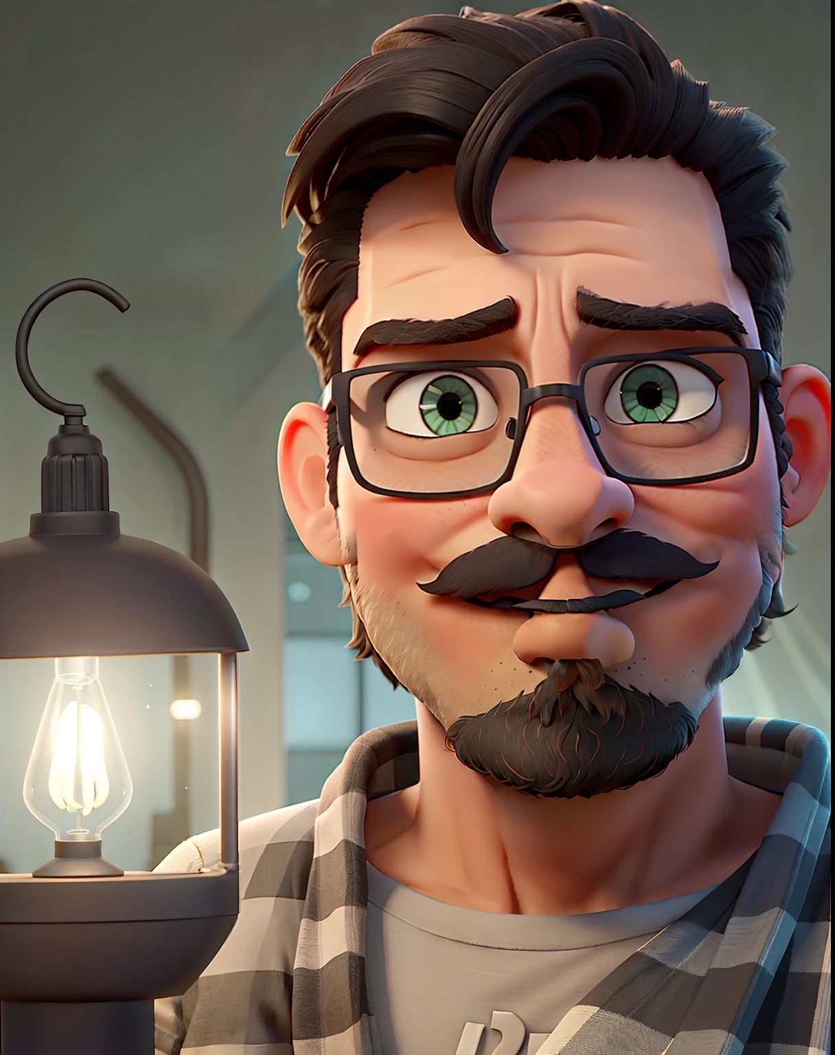 Um homem negro de 30 anos, With eye Glasses, bigode e barba no queixo, parado na frente, illuminated by the light of a lamp, contra o pano de fundo de uma igreja