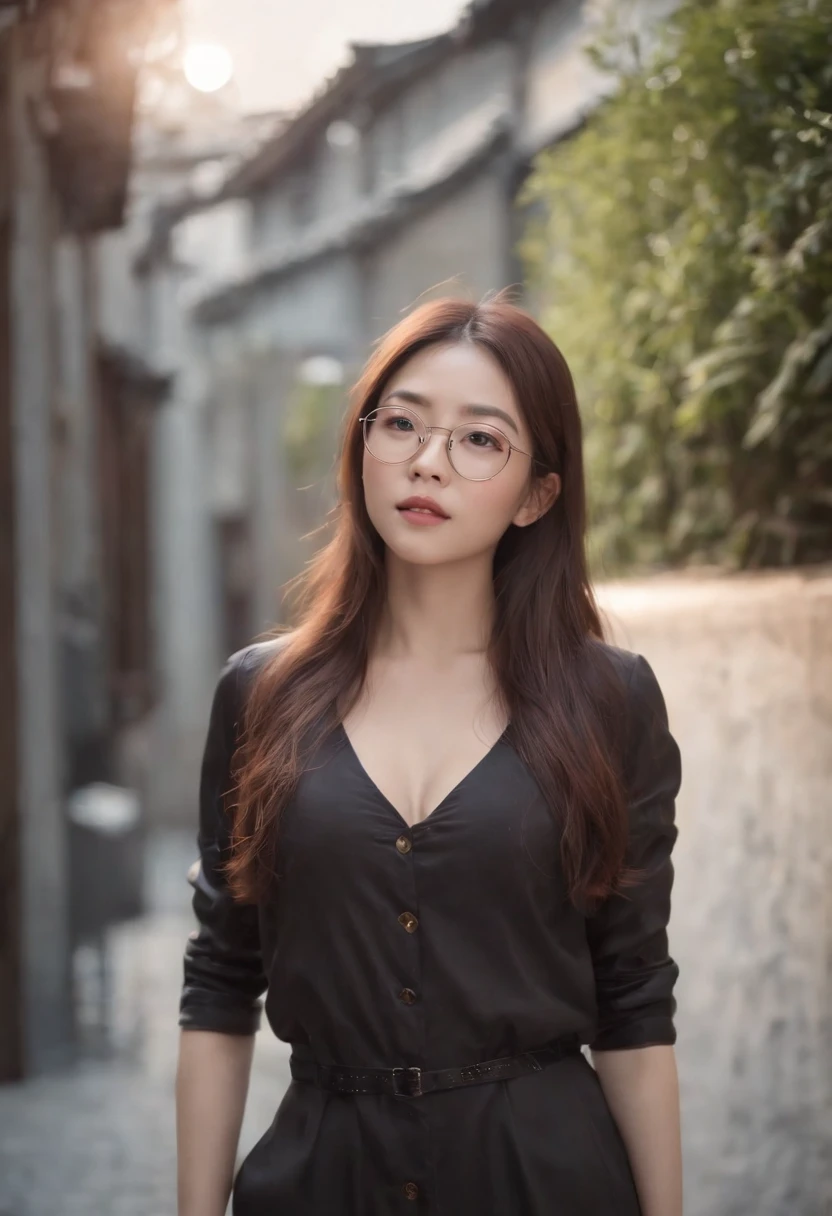 Series drawings,Showing a Japanese girl with long hair., wears glasses,8K, 超高分辨率, Ultra detailed, HD,(rosto bem projetado), amazing face, (Super detailed), Beautiful eyes, Soft lighting,, Outdoors, Streets,, Beautiful detailed eyes,mechanicalparts,, latex suit,cleavage,