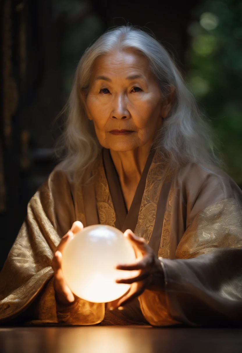 Elderly psychic with crystal ball and crystal ball,jpn,Asians、Close-up portrait of an elderly woman，Holding a glowing ball in your hand,Long grey hair，Wearing a golden jacket、Cross-legged meditation、Ignite the magical aura around you，Taoist masters,Taoist、Rising fortune、illustrious