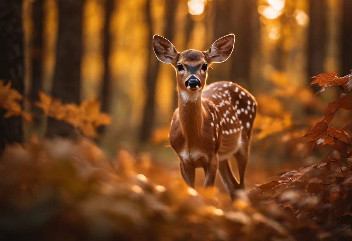 Hyper-realistic glamour photo of a deer nibbling on maple leaves surrounded by beautiful maple leaves in a dark forest, outono, Olhos bonitos, sunlight, (alta qualidade:1.2), Pelo extremamente detalhado, master part, best quality, fotografia, Sonho, foco facial, detalhes intrincados, foco nítido, fotografia, fotorrealismo, fotorrealista, Foco suave, volumetric light, (master part), (detalhes intrincados), (hiperdetalhado), alto detalhamento, muitos detalhes, alta qualidade, soft Cinematic Light, dramatic atmosphere, atmosphric perspective, ray tracing, Subsurface scattering, poertrait fotograpgy