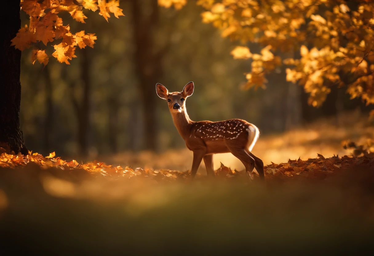 Hyper-realistic glamour photo of a small baby deer nibbling on maple leaves surrounded by beautiful maple leaves in a dark forest, outono, Olhos bonitos, sunlight, (alta qualidade:1.2), Pelo extremamente detalhado, master part, best quality, fotografia, Sonho, foco facial, detalhes intrincados, foco nítido, fotografia, fotorrealismo, fotorrealista, Foco suave, volumetric light, (master part), (detalhes intrincados), (hiperdetalhado), alto detalhamento, muitos detalhes, alta qualidade, soft Cinematic Light, dramatic atmosphere, atmosphric perspective, ray tracing, Subsurface scattering, poertrait fotograpgy