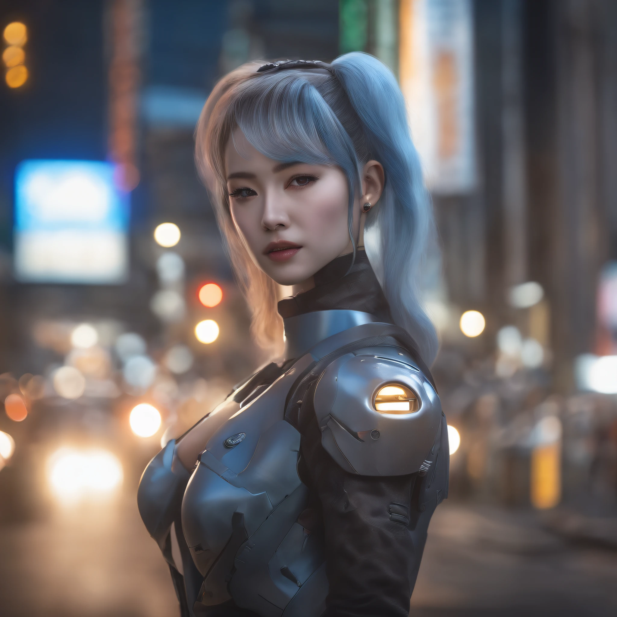 (masterpiece, best quality;1.3), extremely detailed ,ultra detailed, 1GIRL,solo, twin tail, large breast, evil smile, gundam(rx78), science fiction, mecha, , blue hair, solo, hair ornament, long hair, twin tail, gold eyes, jewelry, earrings, looking at viewer,shinjuku city background,night, many neon signs, moon base, detailed dress, micro mini skirt, from below, sitting,, bust shot,
