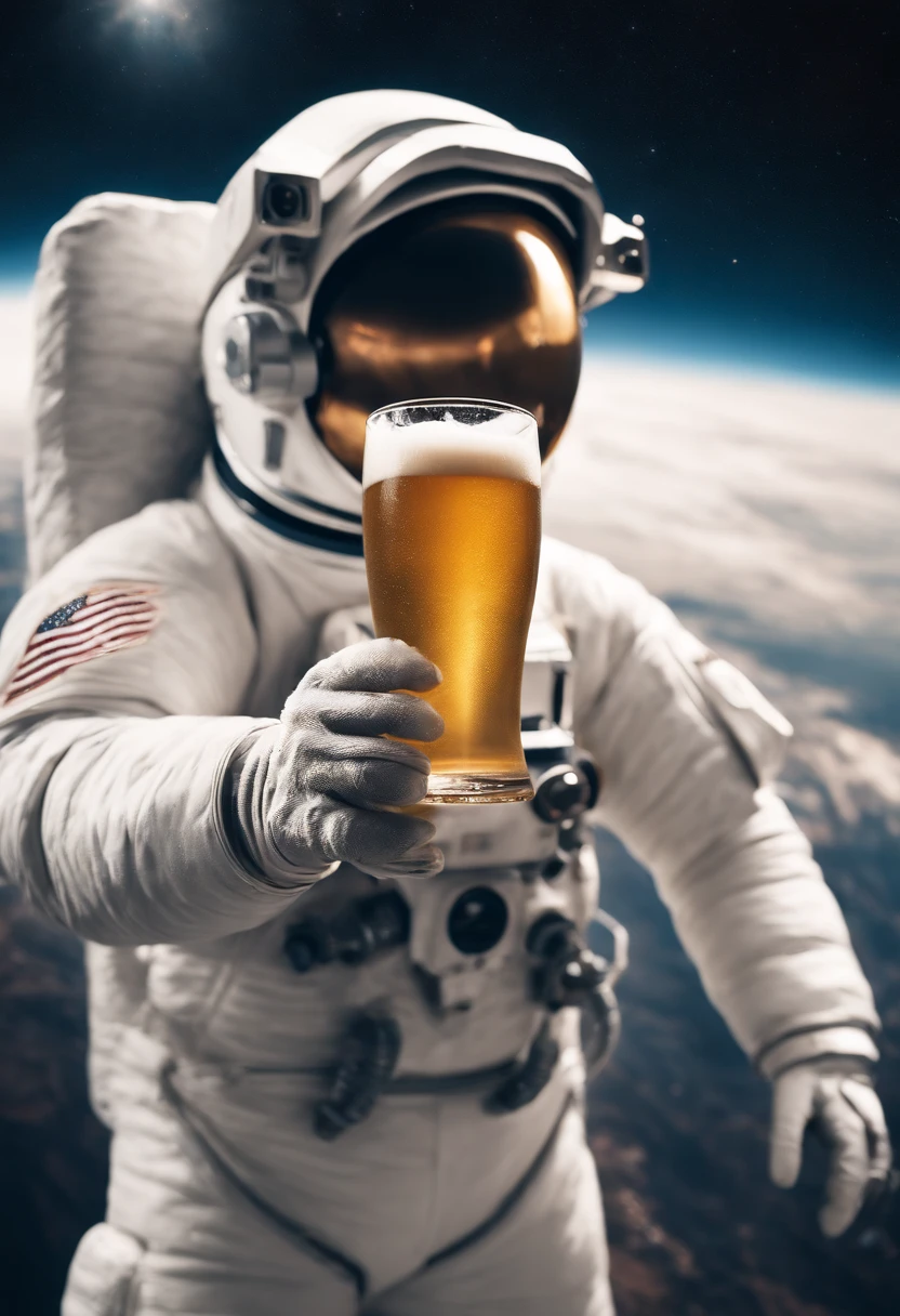 An astronaut in a yeti costume floating in space in the distant center holding a beer, 1/4 of earth in the background