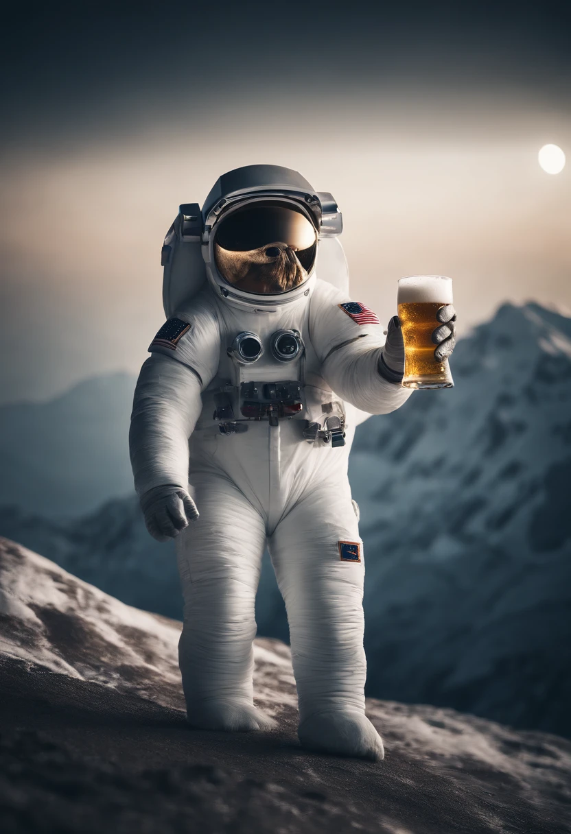 An astronaut in a yeti costume floating in space in the distant center holding a beer, 1/4 of earth in the background