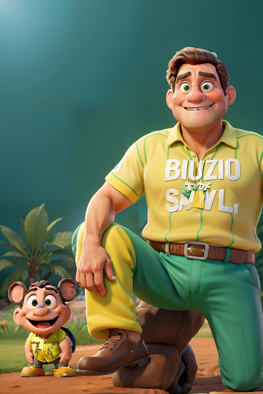 Create Disney Pixar Style Image with Title: Bolsonaro, O Mito. Former President of Brazil Jair Bolsonaro Giant in Champion Pose with His Foot on the Head of Current President of Brazil Luis Inácio da Silva as a Dwarf. Behind the two thousand Brazilians in green and yellow shirts. cena deve ser estilo poster de cinema como arte digital