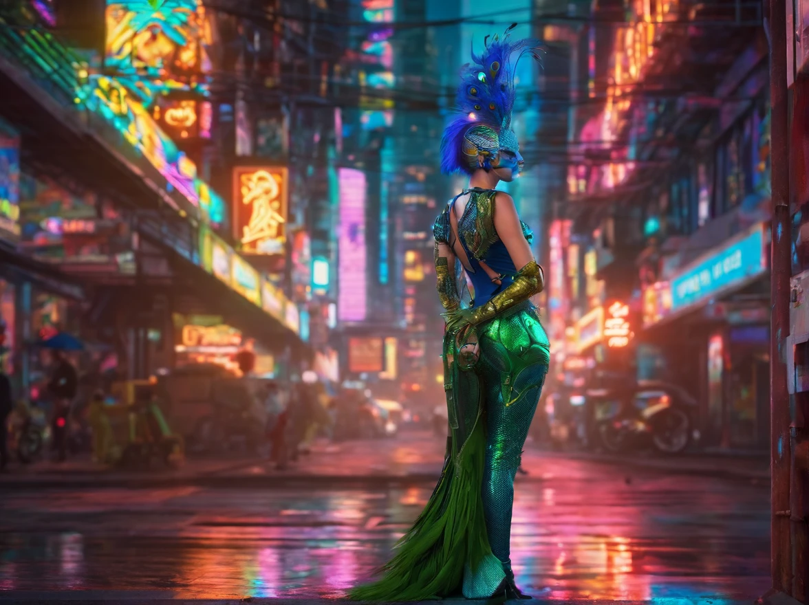 peacock woman with dark blue hair and green peacock feathers in armor covered clothing night streets