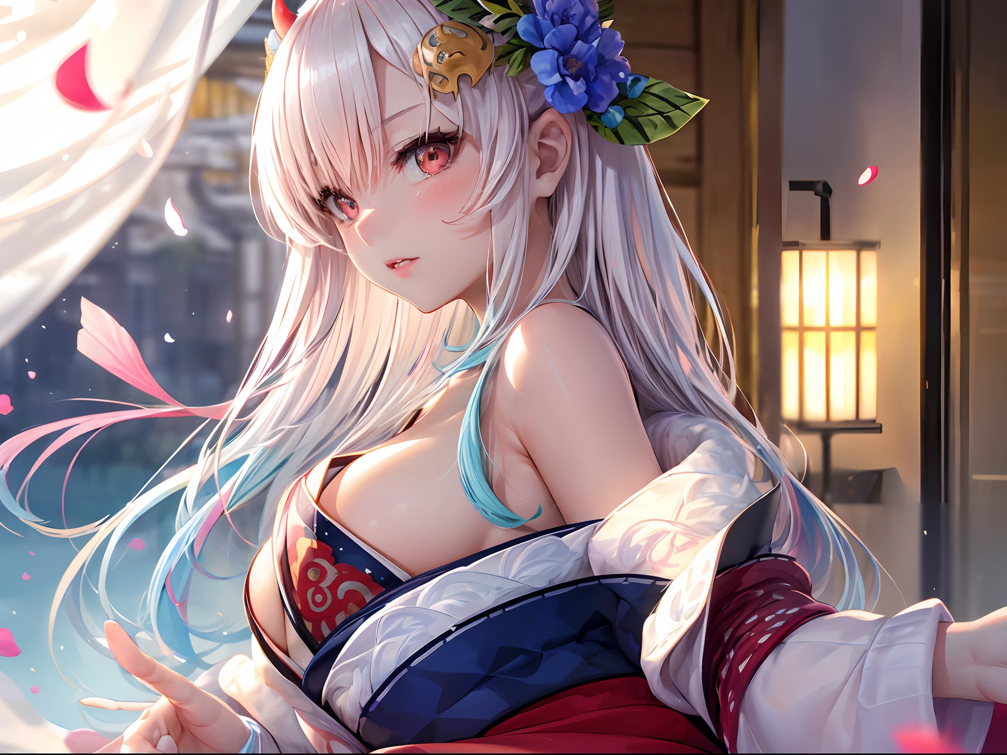 (masterpiece:1.2, best quality), (finely detailed beautiful eyes: 1.2), ((1girl)), ((solo)), (red eyes:1.4), (finely detailed eyes and detailed face:1.3), (beautiful and clear background:1.2), (extremely detailed CG, ultra-detailed, best shadow:1.1), ((depth of field)), ((watercolor)), (oni:1.5), (kimono:1.3), large breasts, bare shoulders, flowers and petals, beautiful concept illustration, (white background:0.5), (illustration:1.1), (extremely fine and beautiful:1.1), (perfect details:1.1), from side, cowboy shot,