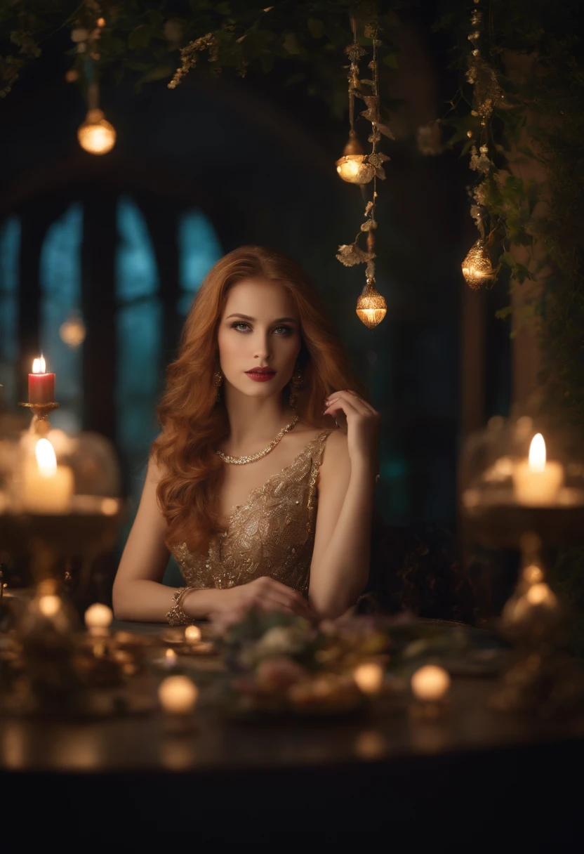 1girll, Long hair, Bright hair color, Seductive eyes, Mysterious Expression, Mature appearance, glamorous dresses, floating dress, Elegant jewelry, Intricate decoration, Magic symbols, Luminous accessories, potion, pergaminhos, Lovely accents, the bow, Ribbons, Flowers,