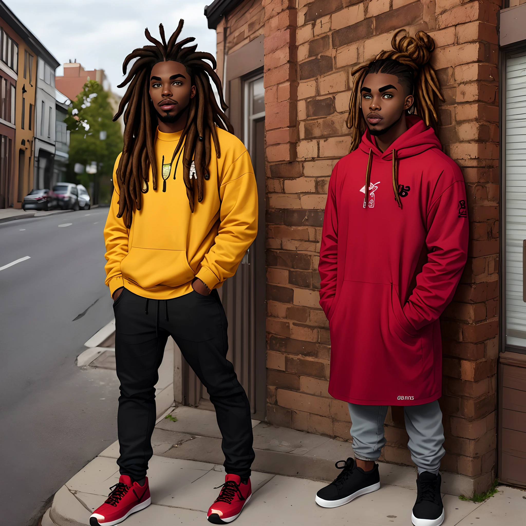 black man with dreads, green eyes has a septum piercing and eyebrow piercing part of his dreads are in a bun with stubble full body