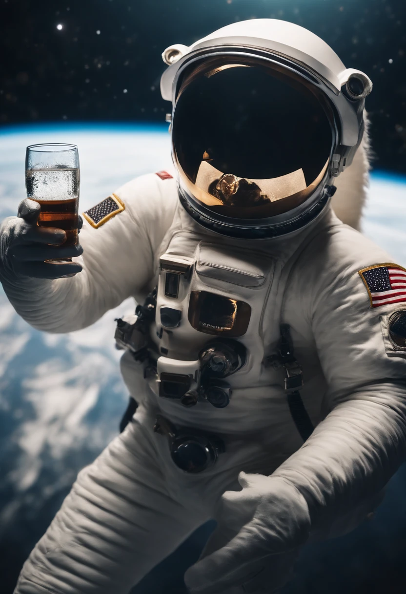 An astronaut in a yeti costume floating in space, in the distant center holding a beer, 1/4 of blurred earth in the background