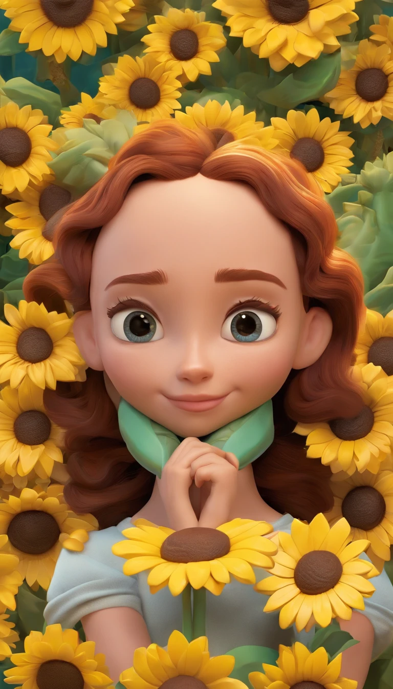 Create a 3D Disney PIXAR Style Poster with a Family Theme with Triplets, 1 menino no meio e 2 meninas ao lado, They're hugging each other, O menino tem pele castanha e cabelos castanhos escuros e olhos castanhos escuros, 1 menina tem pele clara, olhos e cabelos escuros e cacheados, e a outra menina tem pele morena, olhos escuros e cabelos escuros e lisos, all this in the Disney PIXAR 3D style, in the background, a house of sunflowers, gloria studio, The garden is full of sunflowers, material de argila, estilo de design cartunesco, POP Mart, soft lighting, linhas suaves, Lentes Tilt-Shift, detailed science fiction illustrations, Detalhes hiper-realistas, cor quente no estilo Disney PIXAR 3D